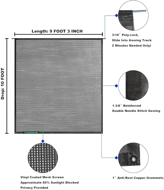 Leaveshade RV Awning Sun Shade Screen 10' X 9' 3''- Mesh Sunshade Netting Block Front Sun Galary Motorhome Camping Trailer Awning Tent Shadescreen UV Sunblocker Sunscreen - 3 Year Warranty (Black)