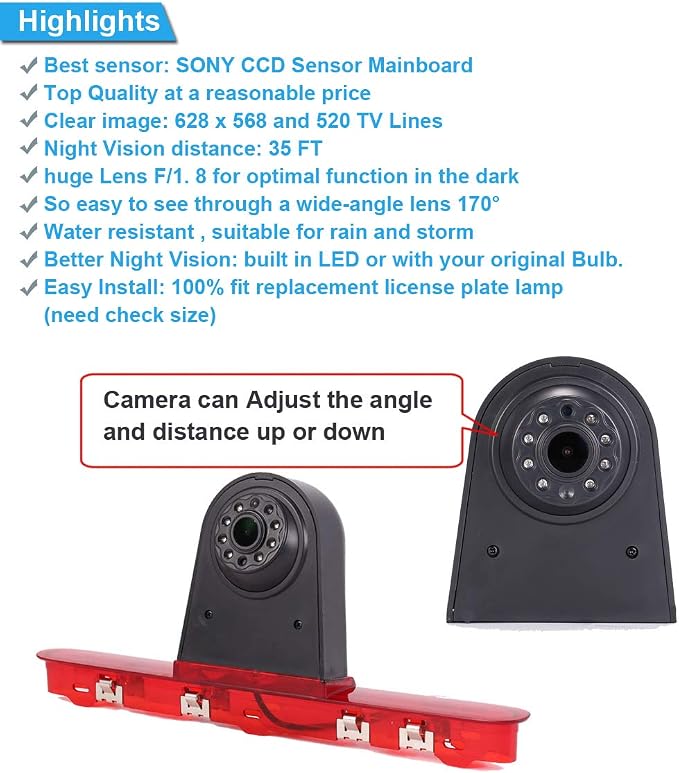Super HD 1280x720 Pixel 3rd Brake Light Reversing car Camera Brake lamp Parking Replacement for Citroen Dispatch Toyota Proace Peugeot Expert Traveller Van 3 Transporter from 2016+4.3" Reverse Screen