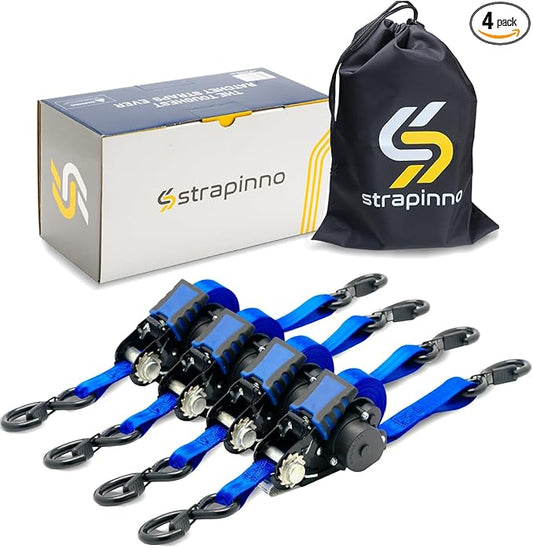 Strapinno Retractable Ratchet Straps - 1 in x 12 ft Heavy Duty Tie Downs, 1800lbs Breaking Strength Each, S Hooks with Safety Clip, AutoRetract, for Moving, Motorcycle, Boat, Kayak, and Cargo (4 PCS)