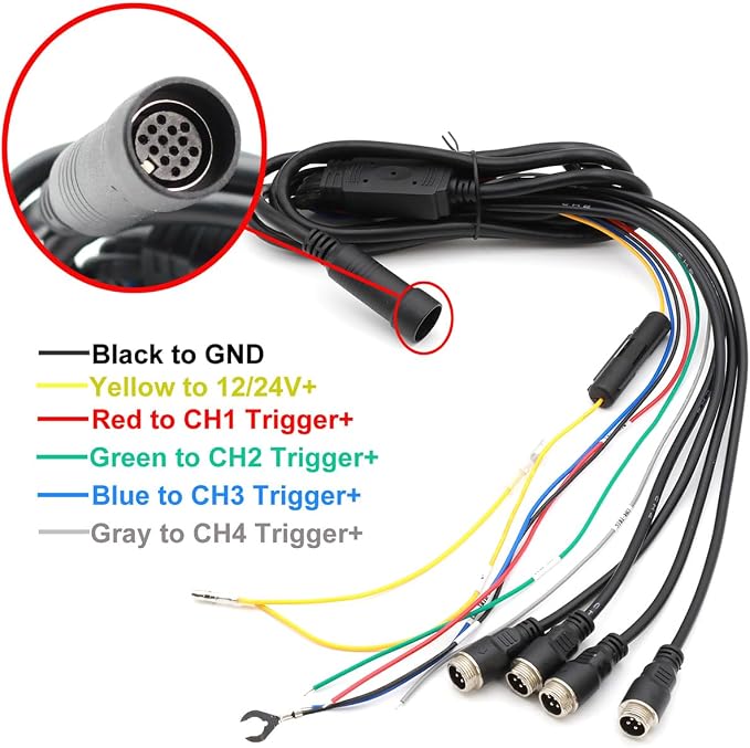 7-inches IPS Monitor 4ch Car Rear View Quad Split,Remote Control, 4-PIN Aviation Connect Video Inputs - 12V-24V 800X480HD for Truck RV Bus Car Vehicle Reversing Backup Rearview Cameras Monitor