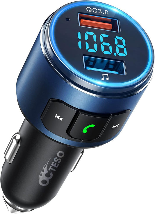 Upgraded FM Bluetooth Transmitter Car, QC3.0 Quick Charging & LED Backlit Bluetooth Car Adapter/FM Transmitter/Hi-Fi Music Player with Noise Cancelling Calls, Siri Google Assistant