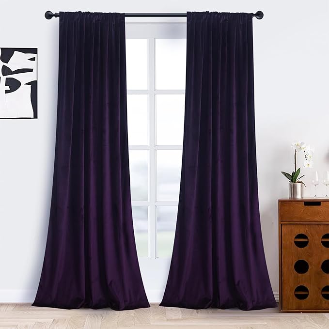 Roslynwood Luxury Soft Deep Purple Velvet Curtains 120 inches Long Back Tab Thermal Insulated Blackout Window Drapes for Living Room/Bedroom/Dining Room, W52 x L120, 2 Panels