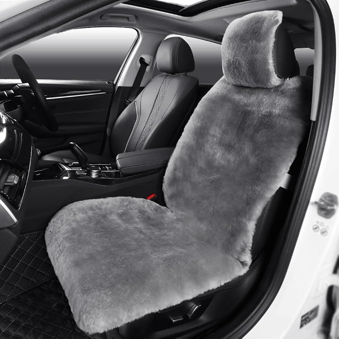 IRIWOOL Fluffy Fur Sheepskin Car Seat Cover Automotive Interior Accessories Seat Covers Accessories Seat Cushions， Soft Natural Pure Wool ，Universal Fits Most Cars SUVs (Grey, Universal Fit)