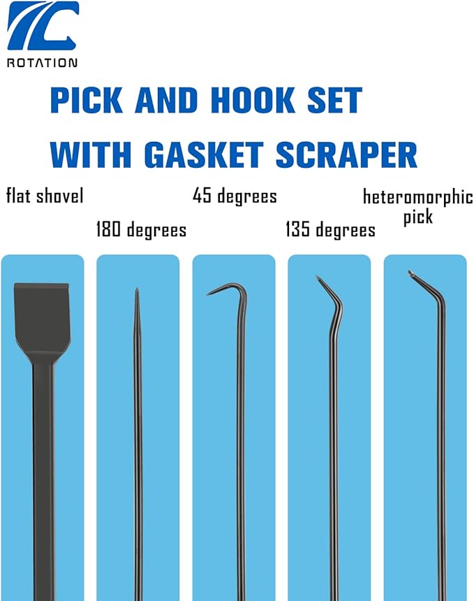 ROTATION Precision Hook and Pick Set with Scraper, 9 Piece Set, Chrome Vanadium Steel Shaft, for Remove Hoses and Gaskets, Auto and Electronics maintenance tools