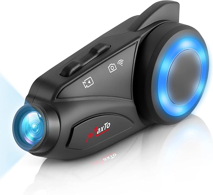 MAXTO Motorcycle Bluetooth Headset with Camera 1080P HD, M3 Upgraded 360°Adjustable Clip, 6 Riders 3280Ft Motorcycle Communication Systems Group Intercoms, WiFi Transit/FM funtion, IP65 Waterproof