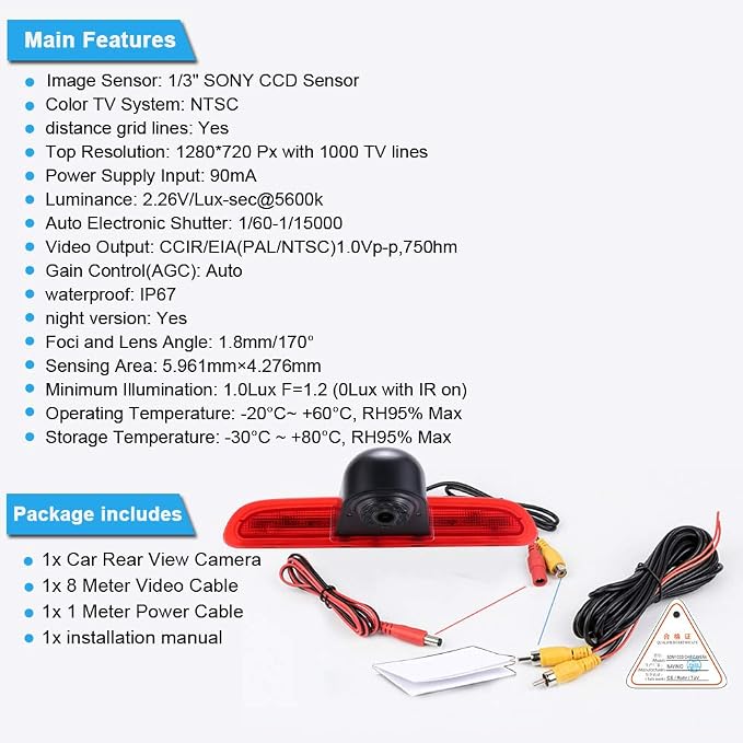 HD 1280x720 Pixels 1000 TV Lines 3rd Brake Light Reversing Camera Brake lamp Parking Camera for Toyota Commuter HiAce H200 MK5 Van LWB Trh Kdh Tailgate Bus 3rd Transporter 2004-2014 Waterproof