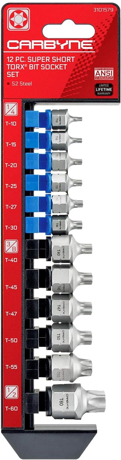 CARBYNE 12-Piece Torx Stubby Low Profile Bit Socket Set, T10 to T60, S2 Steel, Dual Drive Internal Square and External Hex Drive for Tight Confined Spaces, Genuine Licensed Torx