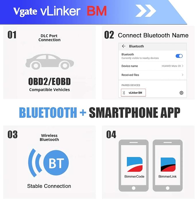 Vgate vLinker BM OBD2 Bluetooth Code Reader for Android & Windows, OBDII Scan Tool for BimmerCode