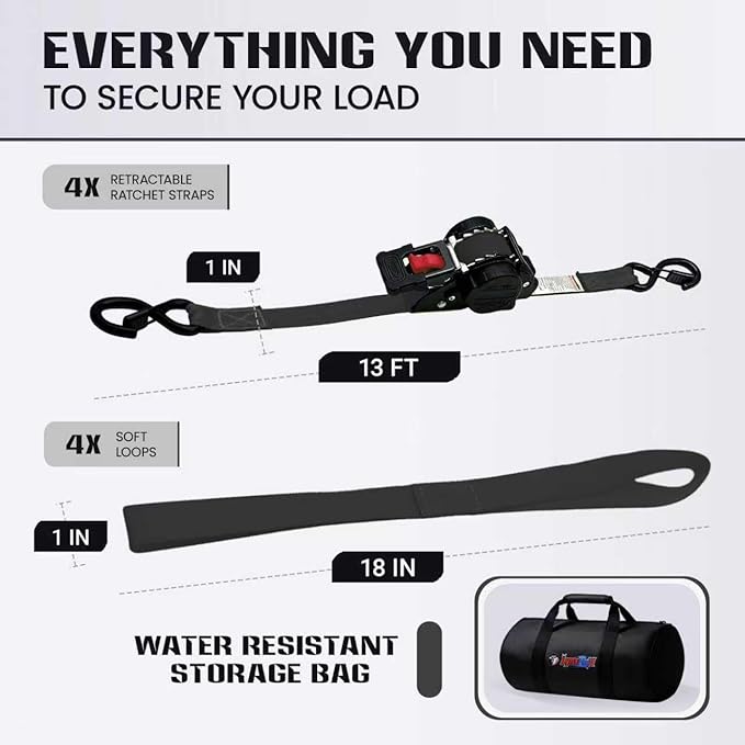 Retractable Ratchet Straps1In x 13Ft - Heavy Duty Auto Slow Retraction Tie Down Straps - 1,800lb Break Strength Self Retracting for Truck, Cargo Trailer, Motorcycle, ATV, UTV - Black, 4Pack
