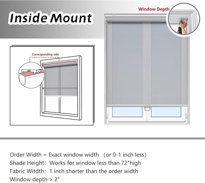 Customize Cordless Roller Shades for Windows Light Filtering Shades with 5% Openness Solar Screen Semi Sheer Roller Blinds UV Protection for Office and Home Grey