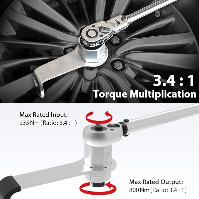 FIRSTINFO F3220DF - 800 N.m. (590 Ft-lbs) Manual Torque Multiplier 3.4:1 Wrench, 1/2 inch Drive (Female/Input) to 3/4 inch Drive (Male/Output) Adaptor, Max. 800 Nm Lug Nut/Labor Saving Tool