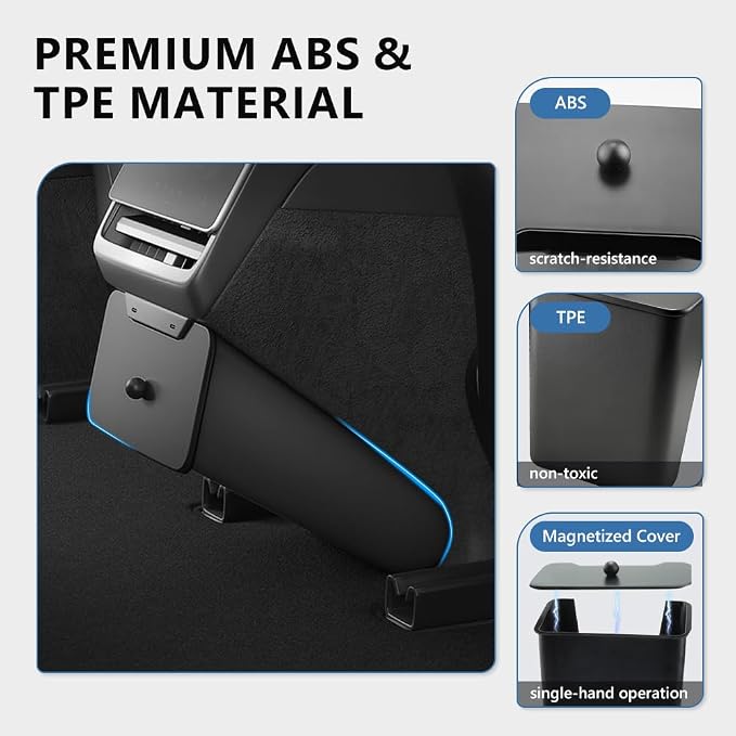 Rear Trash Can Compatible with 2024 2025 Model 3 Highland (Not for 2017-2023 Model 3), [Magnetic Lid] TPE Garbage Can Bin Accessories, Rear Center Console Storage Box Organizer, Black, 1 PC
