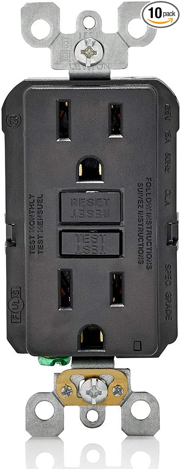 Leviton GFCI Outlet, 15 Amp, Self Test, Non Tamper-Resistant with LED Indicator Light, Protection from Electric Shock and Electrocution, GFNT1-E, Black (Pack of 10)