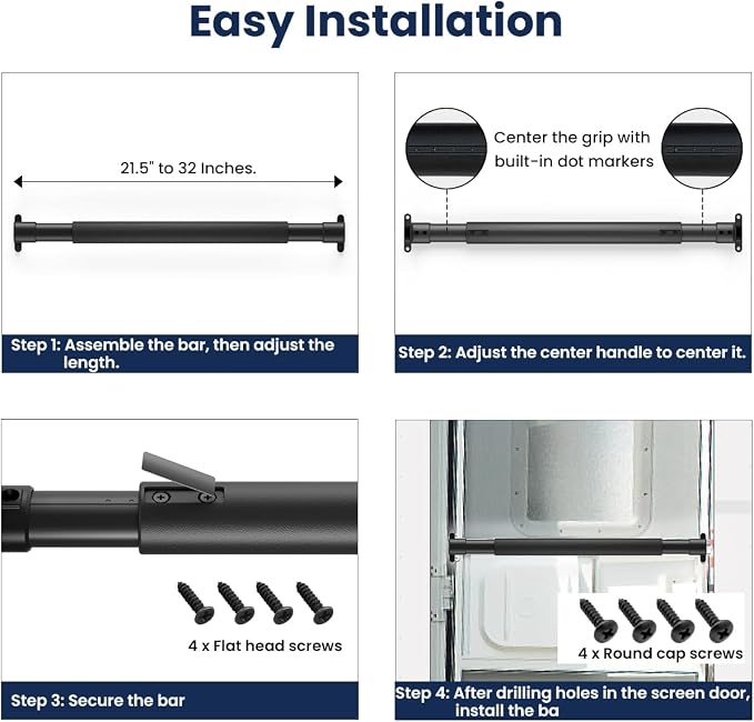 Safoner RV Screen Door Handle Grab Bar Adjustable- Durable Metal and Plastic Crossbar for Camper Entry- Reinforced Trailer Screen Door Protector Accessories, Universal Fit 21.5" to 32"- Black