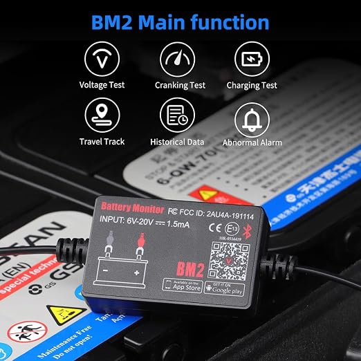 BM2 Bluetooth Battery Monitor 12V Car Battery Tester for Lead Acid Battery, LowVolt Alarm for All 12 Volts Solar Power Systems/RVs/Motorcycles/Boats/Cars Compatible with iPhone and Android