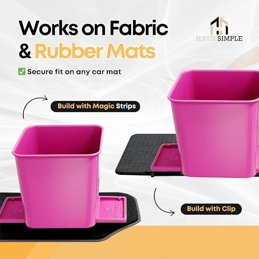 Pink Car Trash Can with Stability Wings | Magic Strip & Clip for Fabric & Rubber Mats – Includes 1 Box of Trash Bags Inside + 6 Extra Boxes (Total of 7 Boxes, 140 Bags) – Compact Garbage Bi