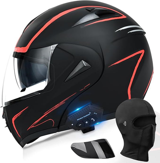 Motorcycle Bluetooth Modular Helmet, DOT Approved Dual Visor Full Face Flip Up Bluetooth Integrated Motorcycle Helmet for Adults Men and Women