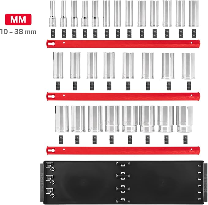 TEKTON 1/2 Inch Drive Deep 6-Point Socket Set with Rails and Tray, 29-Piece (10-38 mm) | SHD92125