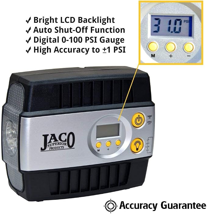 JACO Superior Products SmartPro 12V Tire Inflator Air Compressor (Max 100 PSI) with Lightning S2X Locking Hose Extension Nozzle (Bundle)