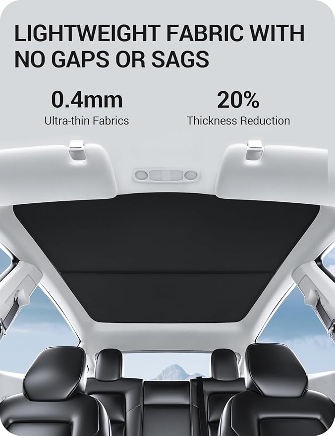 BASENOR 2024-2020 Tesla Model Y Sunshade Roof, [Nano Ice-Crystal Coatings] Heat Insulation Glass Roof Shade, Top Window Retractable Sun Protection, Sunroof Blocking Cover Black