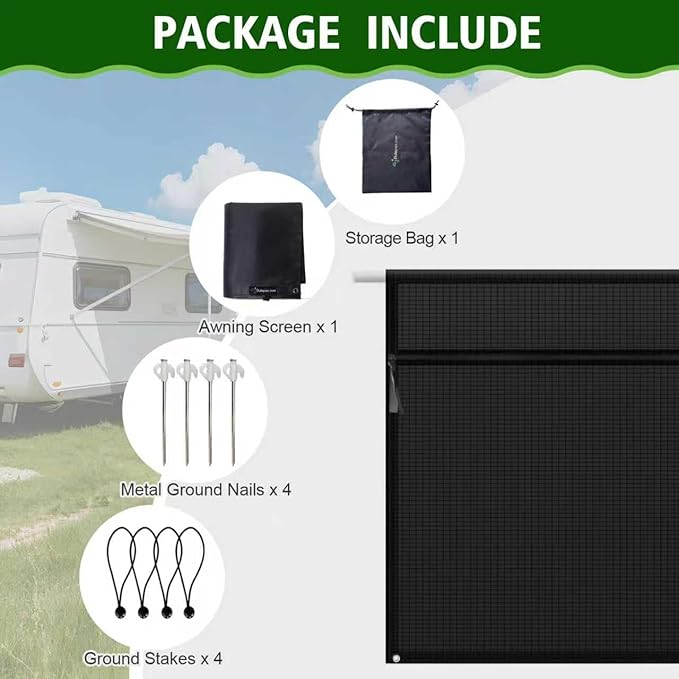 Dulepax RV Awning Sun Shade Screen with Zipper 9'X10'3'' -Second Generation RV Awning Shade Screen Significantly Improves Shadew and Privacy.Universal, RV Awning Screen with Complete Kits