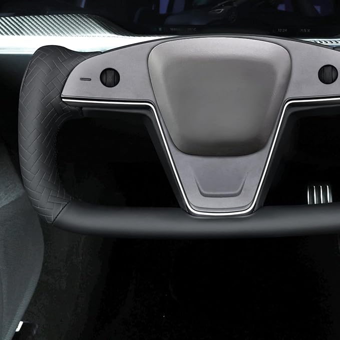 MEWANT Hand Stitch Black Solid Woven Embossed Faux Leather Steering Wheel Cover for Tesla Yoke Model S 2021-2023 Model X