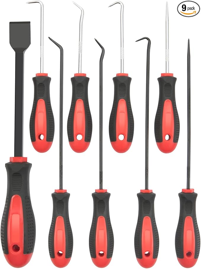 ROTATION Precision Hook and Pick Set with Scraper, 9 Piece Set, Chrome Vanadium Steel Shaft, for Remove Hoses and Gaskets, Auto and Electronics maintenance tools
