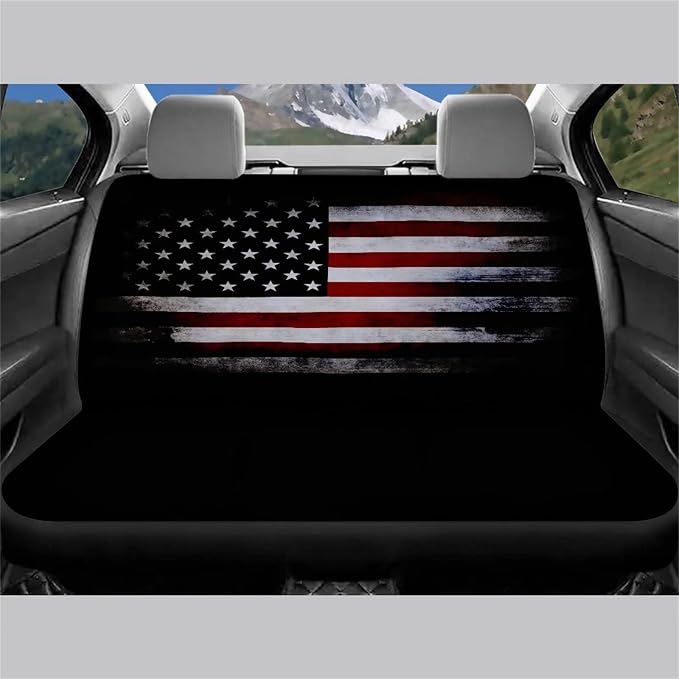 Xoenoiee 11 Pack Retro American Flag Universal Car Accessories Set with Front Seat Cover Rear Split Bench Seats Cover for Cars, Seat Belt Pads, Steering Wheel Cover, Coasters, Keyrings