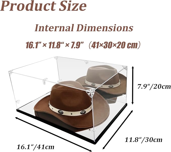 Cowboy Hat Display Case & Protector Box - Dual Mirror - 3mm Clear Premium Acrylic, Dust & UV Proof - Fits Most Hats (16.1" L x 11.8" W x 7.9" H)
