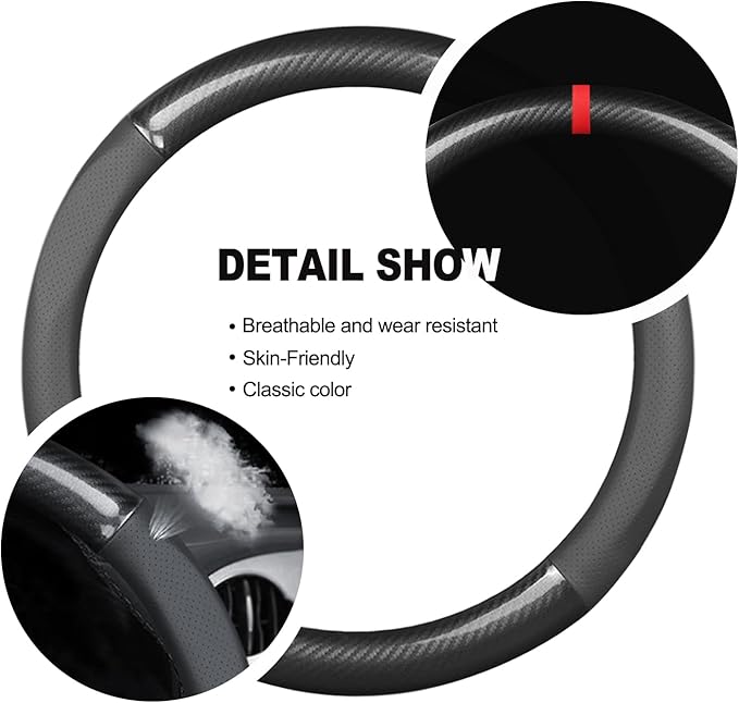 Ergocar Sport Carbon Fiber & PU Leather Car Steering Wheel Cover Non-Slip Car Steering Wheel Protector Universal for Diameter 38cm(15") (Black)