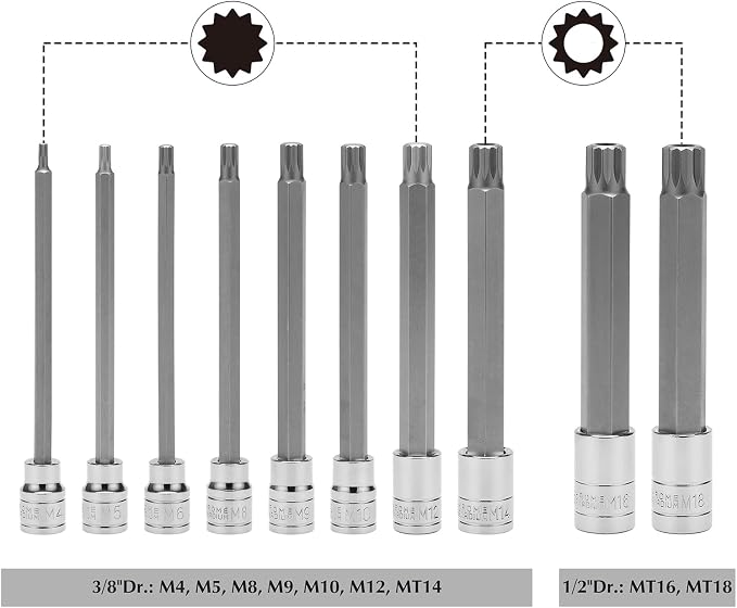 EMENTOL 40PCS Extra Long Hex, Torx and XZN Triple Square Spline Bit Socket Set, CR-V, S2 Steel, 5.9" Length