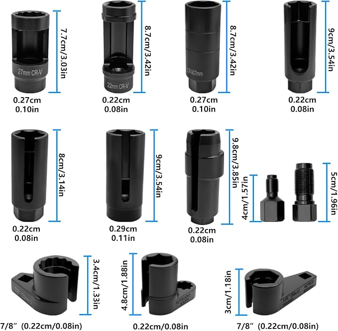 ZKTOOL 13PC Oxygen Sensor Socket Wrench Removal Tool Set，Open-end Socket Wrench Set，with 22mm 27mm 29mm 7/8" 1" &1/16" Sockets ，1/2" 3/8" Drive，M18x 1.5 & M12x1.25 Thread Chaser，Kit for Most Vehicles
