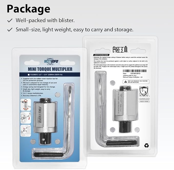 FIRSTINFO 3.4:1 Manual Torque Multiplier Wrench 1200 N.m. (885 Ft-lbs) | 1/2" Drive (Female/Input) to 3/4" Drive (Male/Output) Adapter, Labor Saving Tool for Lug Nut, Easy Tire Change, F3220DF2