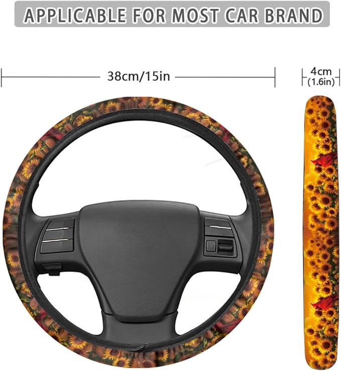Cardinal Sunflower Print Car Seat Covers Full Set, 13 PCS Auto Accessories with Soft Steering Wheel Cover, Seat Belt Shoulder Pads, Coasters for Most Cars