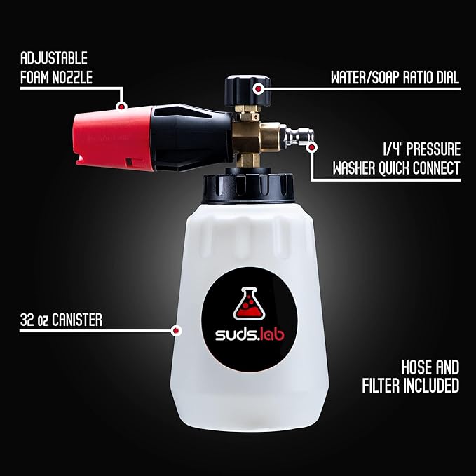 Suds Lab F1 Professional Foam Cannon with 32 Ounce Canister, Adjustable Foam Nozzle, Quick Connect Pressure Washer, Clean Dirt, Car Washing
