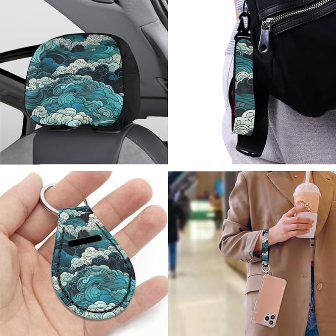 Chinese Cloud Pattern Print 13 Piece Car Seat Cover Set for Women Full Set Retro Sea Wave Car Seat Protectors Coaster Pads Decor Accessory, Turquoise