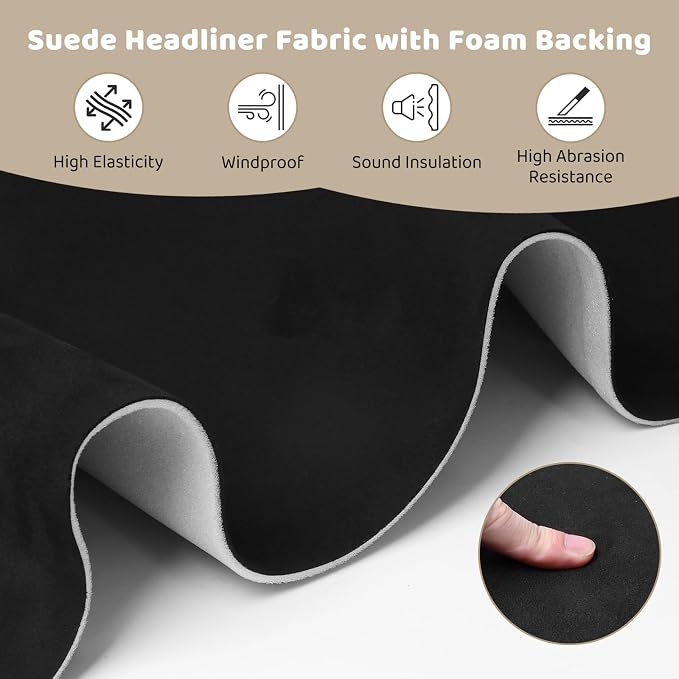 Black Suede Headliner, 120" L × 60" W with Foam Backing, Auto Interior Roof Replacement Material for Car, SUV, Boat, Pickup, Truck, RV, Home Repair/DIY Headliner Fabric