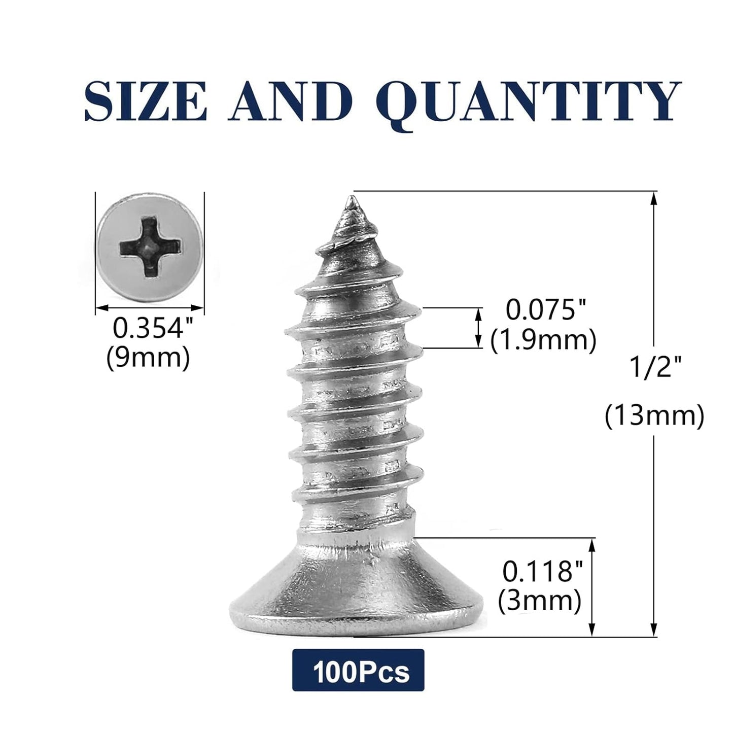 #10 x 1/2" Wood Screw 100Pcs 18-8 (304) Stainless Steel Screws Flat Head Phillips Fast Self Tapping Drywall Screws by SG TZH