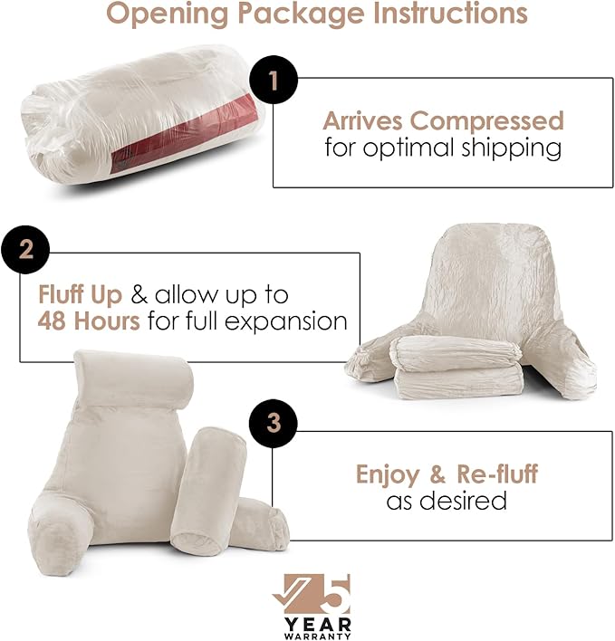 Nestl Reading Pillow with Shredded Memory Foam Includes 2 Neck and Lumber Support Pillows, Designed for Sitting Up in Bed and Couch, Back and Arms Adjustable Support for Adult & Teens, Linen