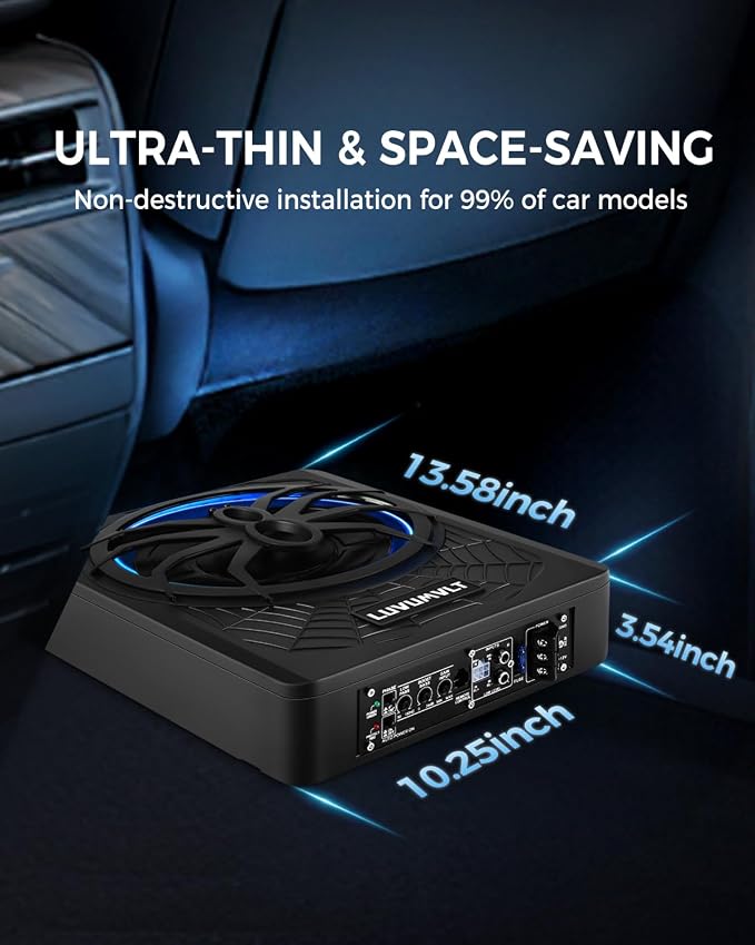 1200W 10" Car Subwoofer, Slim Under Seat Powered Subwoofer and Amp Package,High/Low Level Input, Car/Truck Audio Sub Built-in Amplifier amp Combo Package, with Blue LED Light