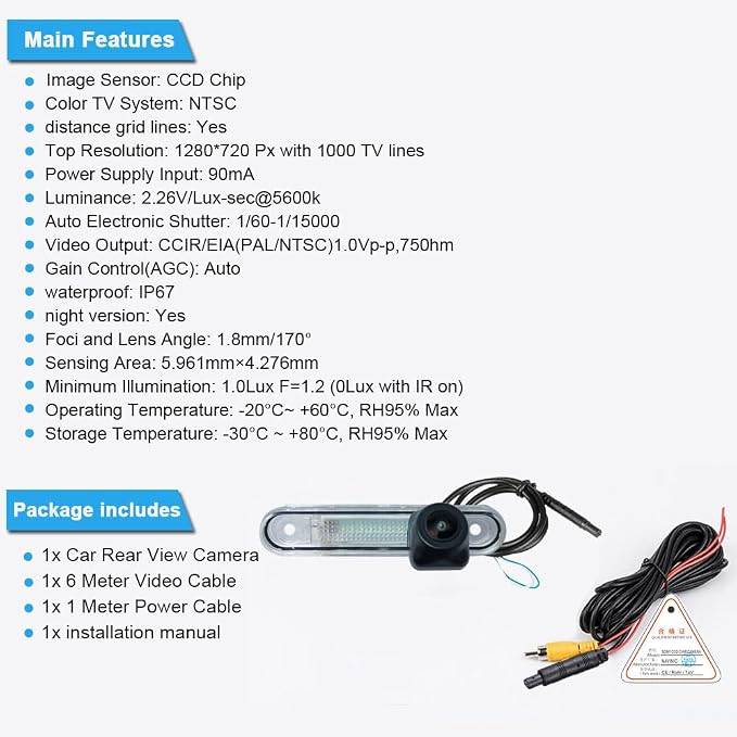 1280 * 720 Pixel Car Backup Camera Replacement for Mercedes-Benz 124 Coupe C124 Stufenheck W124 190 W201 C-Klasse T-Model S202 W202 Cabriolet A124 Waterproof Night Vision Reverse