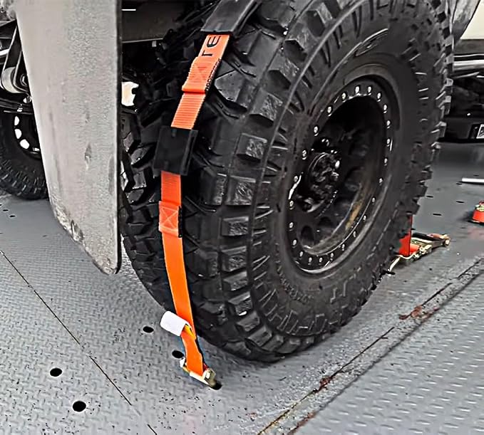 Mytee Products 4 Pack 2" x9' Over The Wheel Tire Straps w/Ratchet, Swivel J Hook & Rubber Blocks - 3,333 LBS WLL High Abrasion Orange Webbing - Towing Tie Down Strap for Auto Car Hauler, Truck Bed