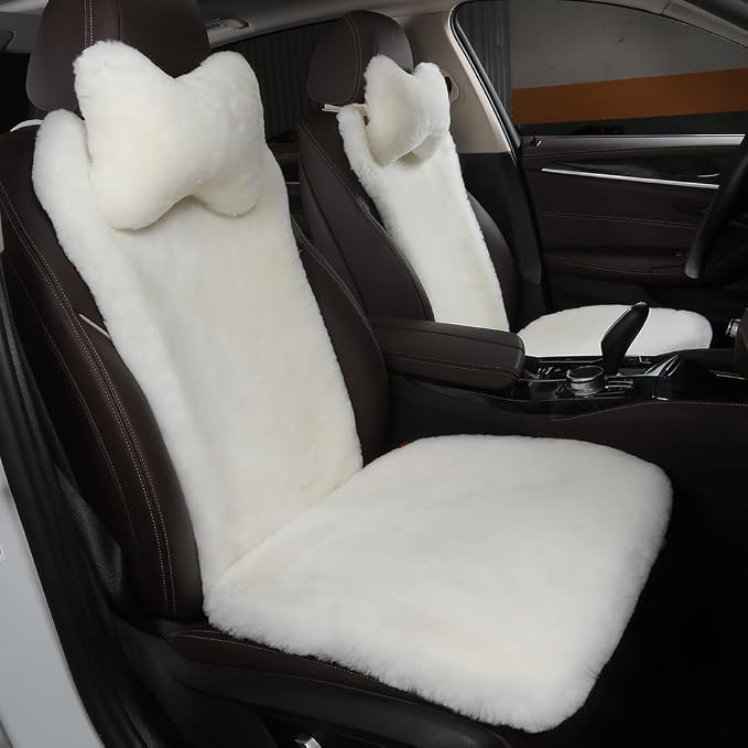 OGLAND Fuzzy Fluffy Fur Sheepskin Car Seat Covers for Universal Auto Seat Cushion Auto Accessories, for 1 Front Seat(3 Pack Front, White)