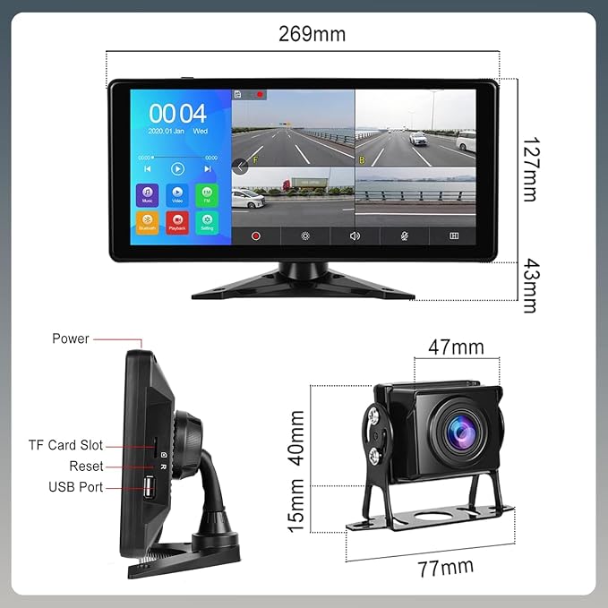 10.36" 4K RV Backup Camera System DVR Recording Quad Split Touch Screen Monitor, 4X 1080P Full Color Night Vision IP67 Waterproof, Parking Mode, Bluetooth, FM, 9-36V for RV Truck Trailer Tractor