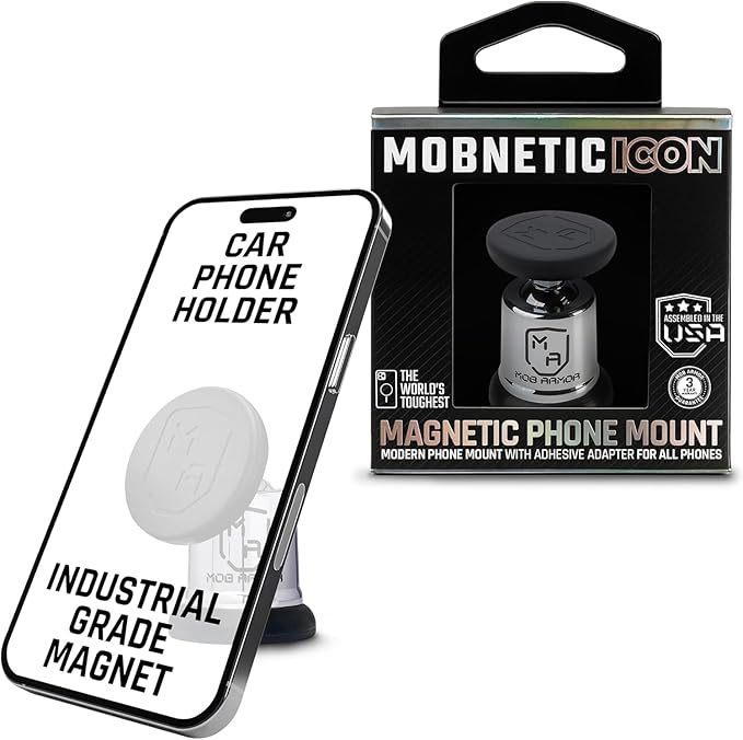 Mob Armor MobNetic Icon Car Phone Mount, Magnetic Phone Holder for Car w/ 90lb Pull Force, 90º Tilt & 360º Rotation, Aluminum Build, Compatibility for iPhone & Android (Chrome)