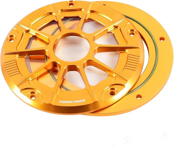 POWER JAMES Gold 7.7" Visible Hollow-Out Primary Derby Clutch Cover with Tranparent Acrylic PC Glass Compatible with 2016-2024 Touring and Trike Models FLHXSE, FLHR, FLTRSE (Gold)