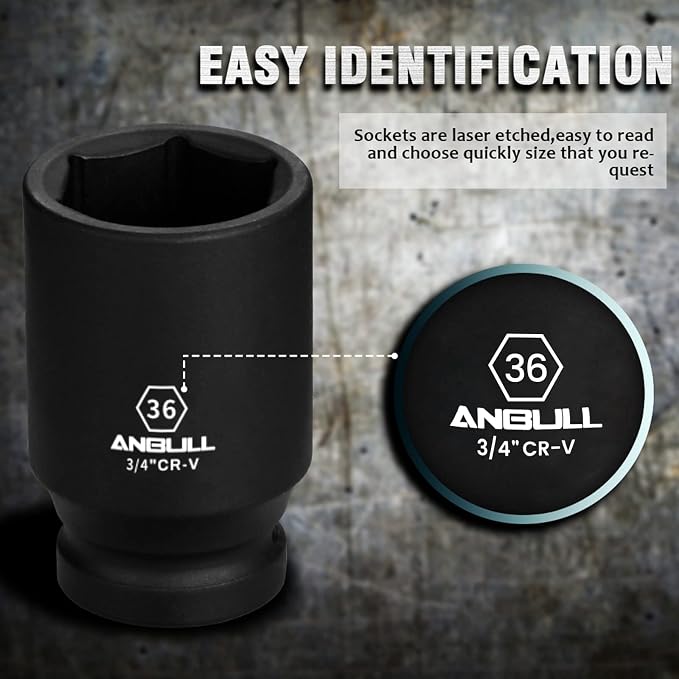 Anbull 3/4 Inch Drive Deep Impact Socket Set, 13 Piece Metric Combination, Sizes 17mm 19mm 21mm 22mm 24mm 27mm 30mm 32mm 33mm 36mm 38mm 41mm Hex Socket Set, 6 Point Design, Cr-V Chrome Vanadium Steel