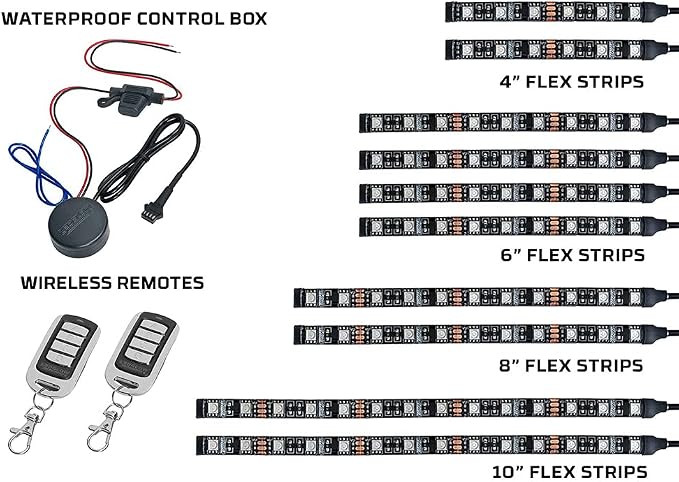 LEDGlow 10pc Advanced Million Color LED Motorcycle Accent Underlow Light Kit - 15 Solid Colors - 6 Patterns - Multi-Color Flexible Strips - Includes Waterproof Control Box & 2 Wireless Remotes