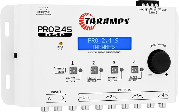 Taramps DSP Pro 2.4S White Crossover Full Digital Signal Car Audio Processor and Equalizer with Sequencer 15-Band Graphic Equalization 12 preset EQ, Remote Signal, Alignment, 2 Channel in and 4 Out
