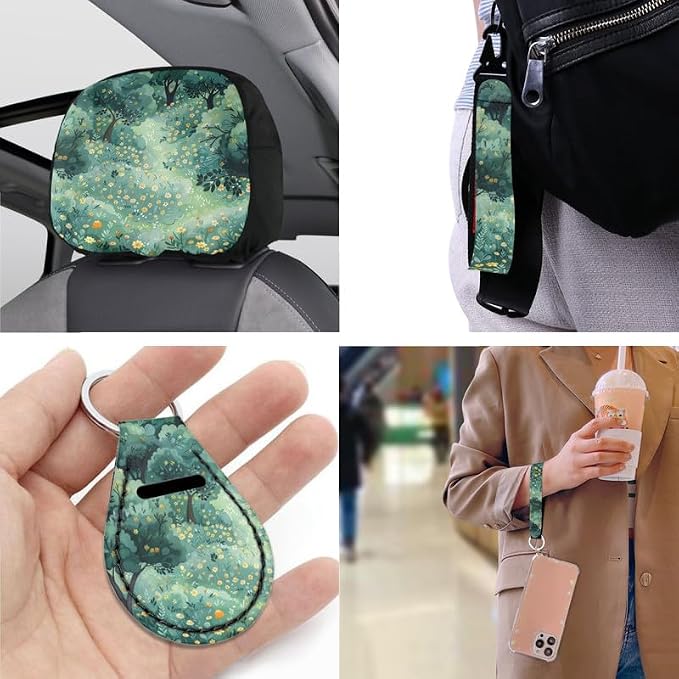 Forest Flower Hand Drawing 13 Pcs Seat Covers Full Set Tree Art Painting Front and Back Seat Covers Steering Wheel Cover Seatbelt Strap Cover Cup Mat Keychains
